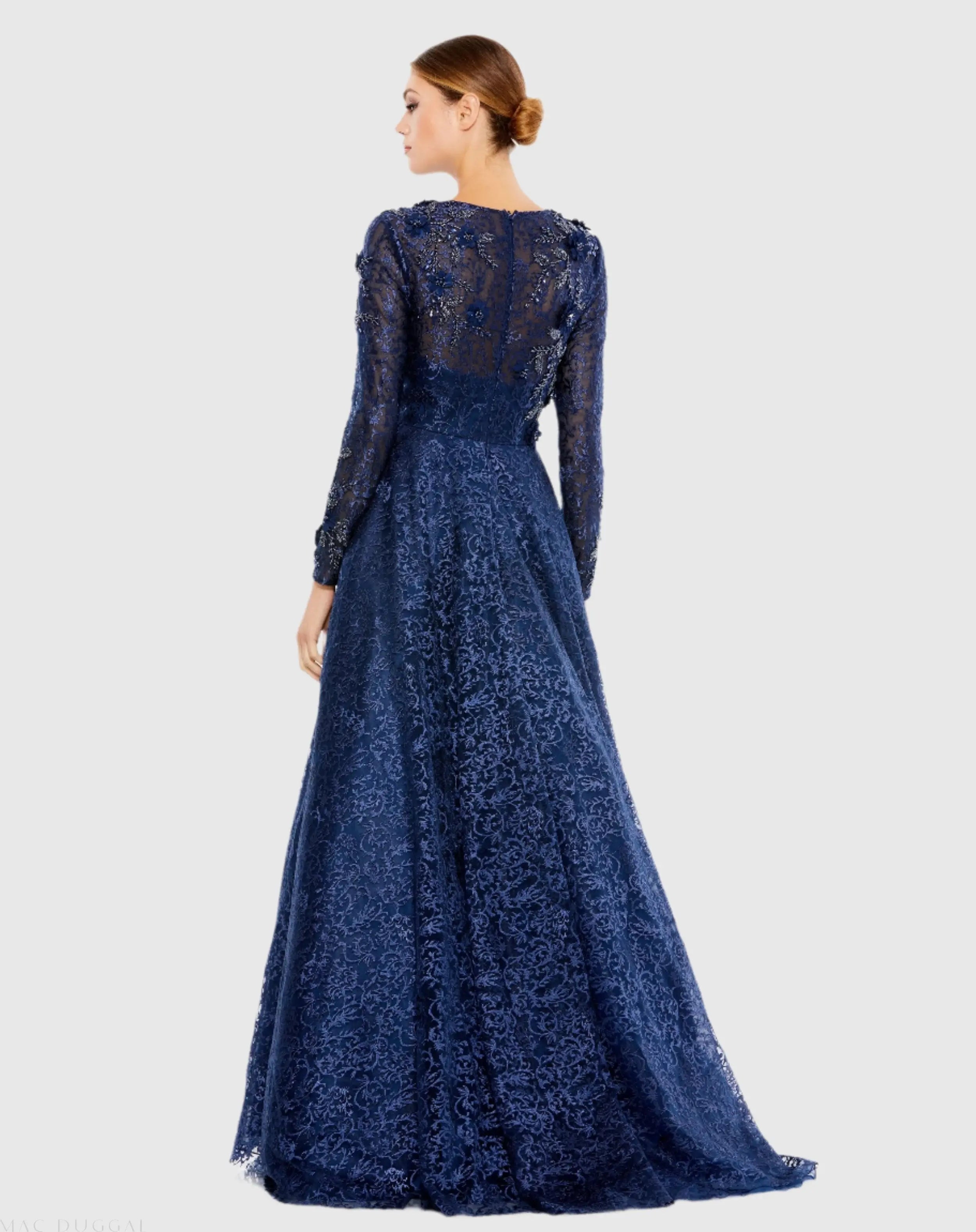 Navy Embellished Illusion Long Sleeve A Line Gown