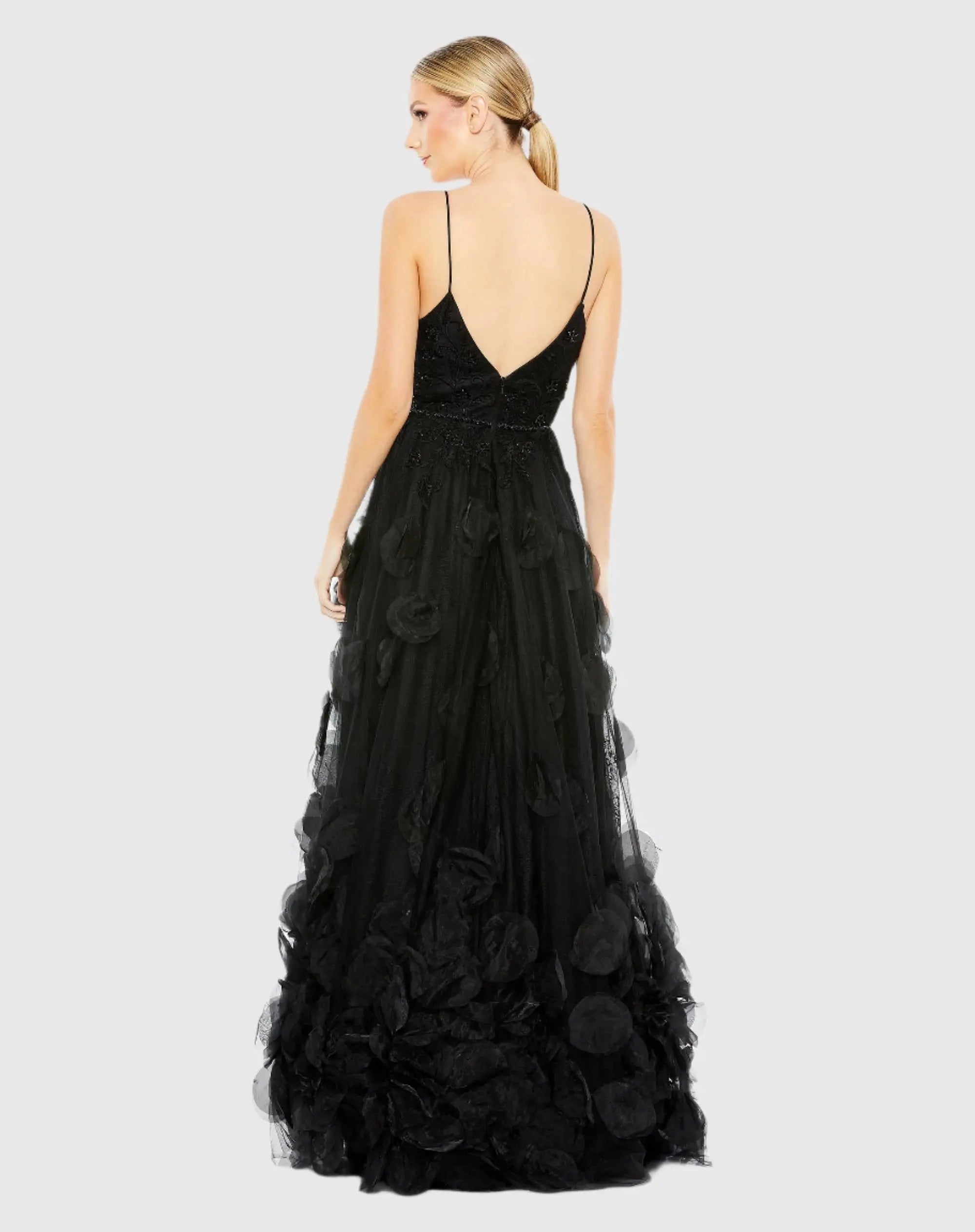 Black Embellished Floral High Low Sleeveless Gown