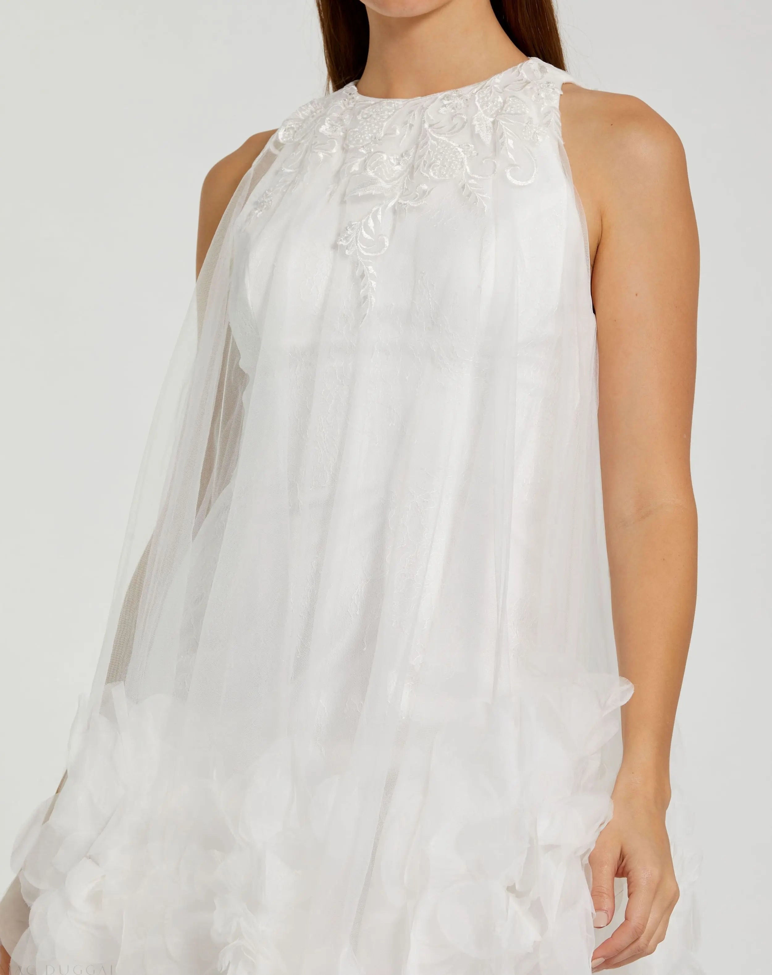 White Halter Neck Flowy Petal A Line Mini Dress