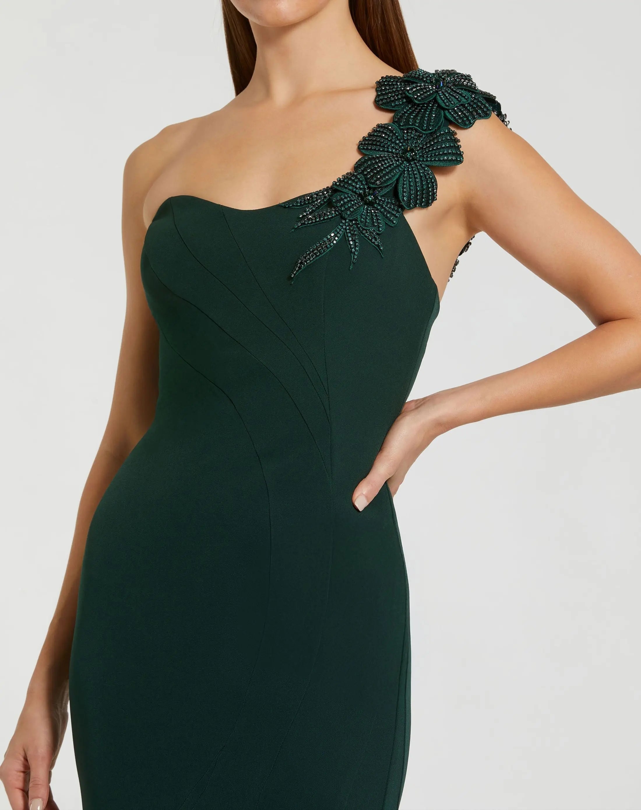 Dark Green Crepe One Shoulder Beaded Flower Mermaid Gown