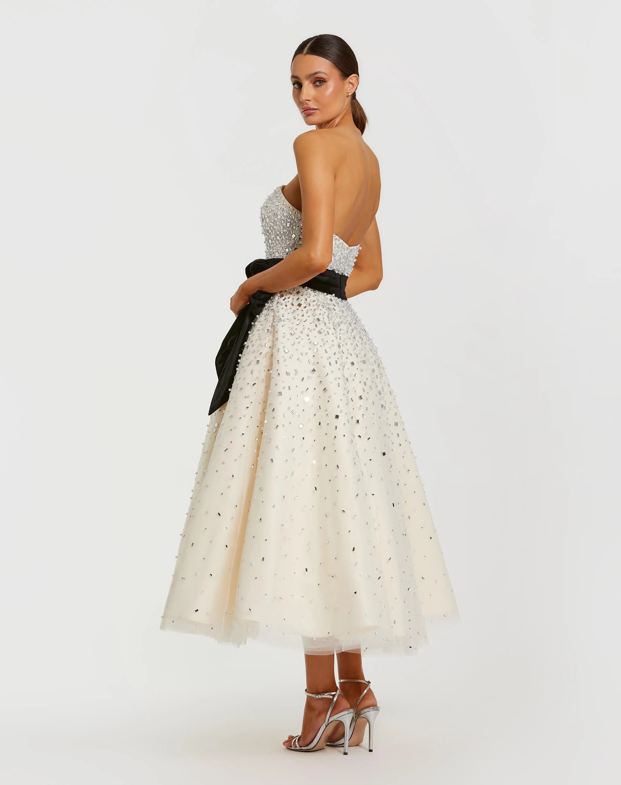 White Strapless Embellished Midi Dress with Velvet Bow