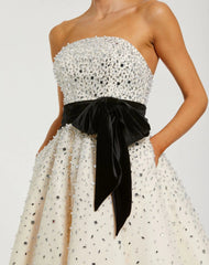 White Strapless Embellished Midi Dress with Velvet Bow