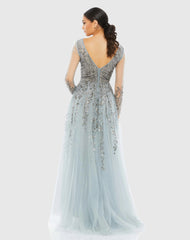 Blue Embellished V Neck Long Sleeve A Line Gown