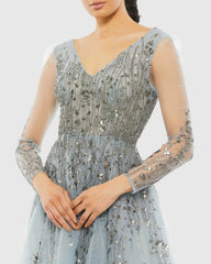 Blue Embellished V Neck Long Sleeve A Line Gown