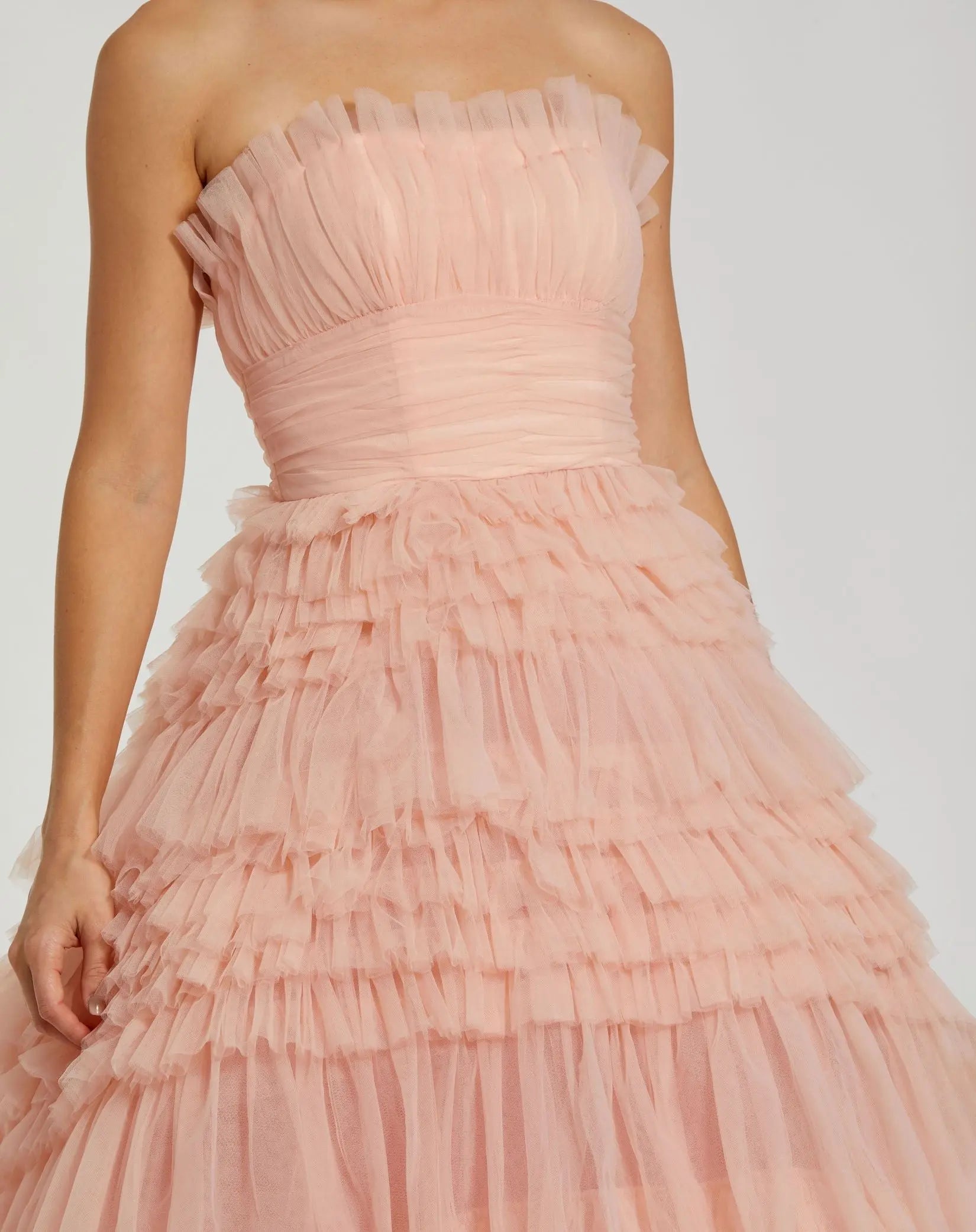 Pink Strapless Tulle Ruffle Gown