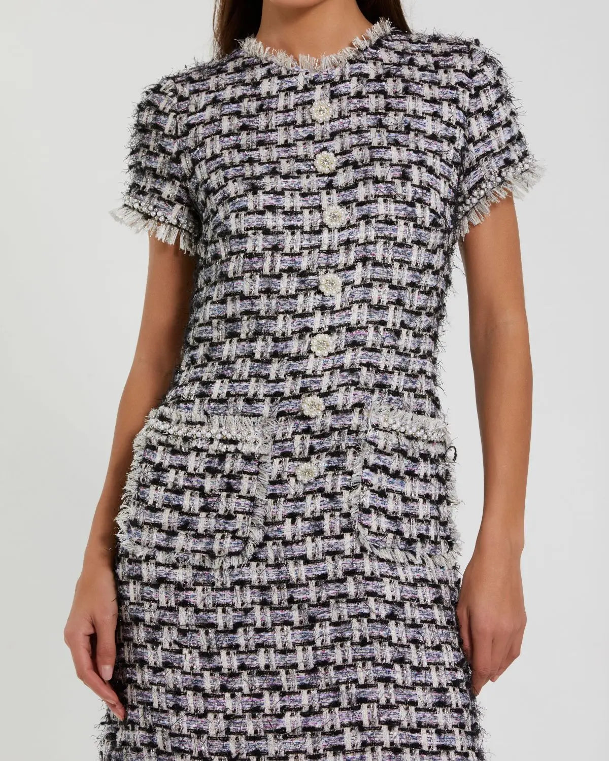 Black Multicolor Cap Sleeve Floral Button Detail Shift Dress