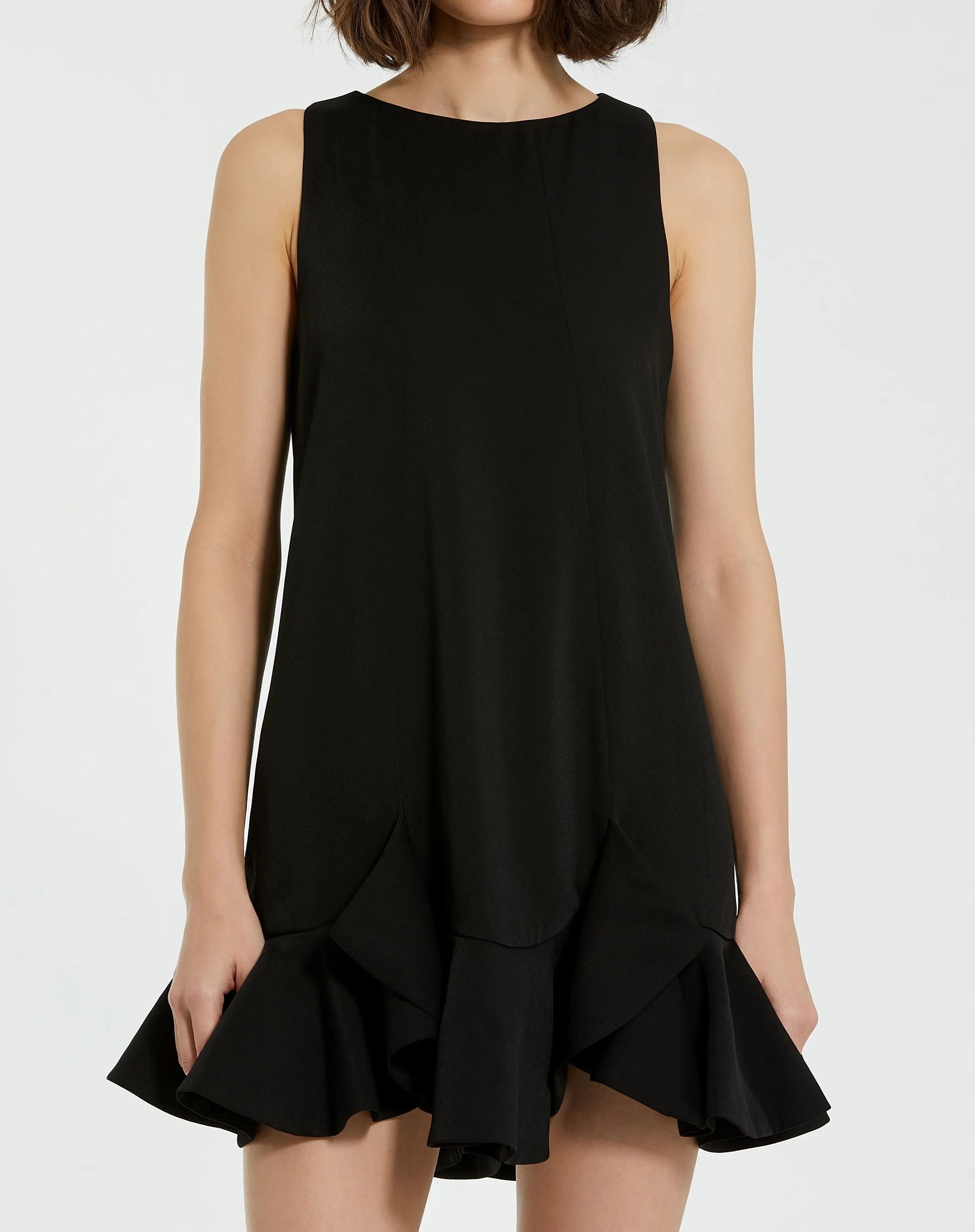 The Mia Black High Neck Sleeveless Crepe Mini Dress With Ruffle Hem