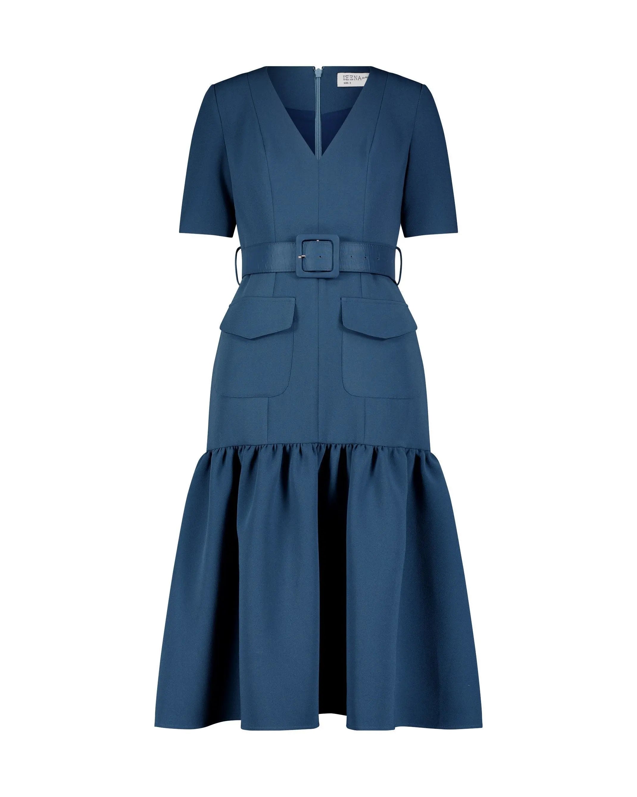 Blue Crepe 3/4 Sleeve Midi Dress With Belt And Pockets