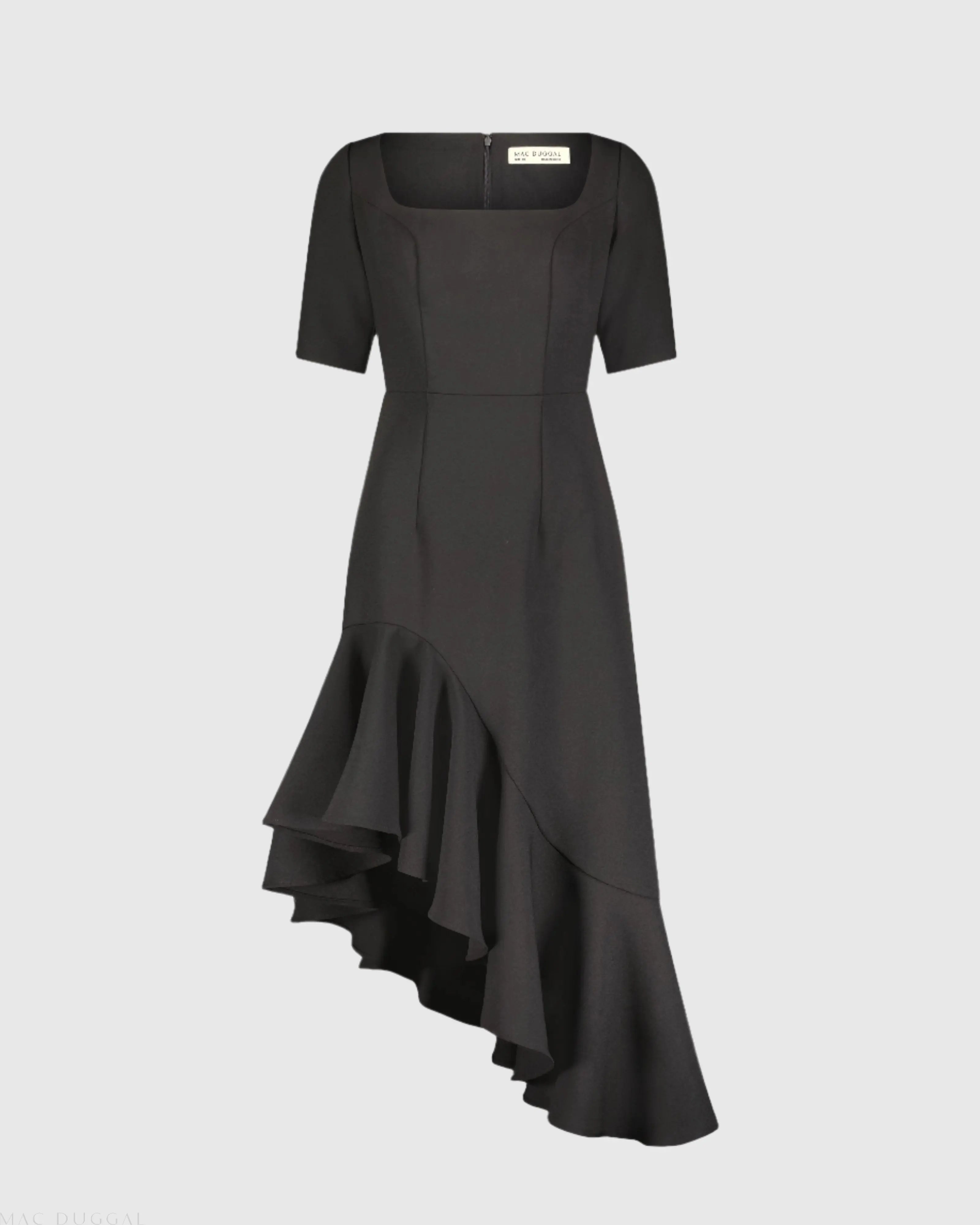 Black Crepe 3/4 Sleeve Asymmetrical Hem Dress