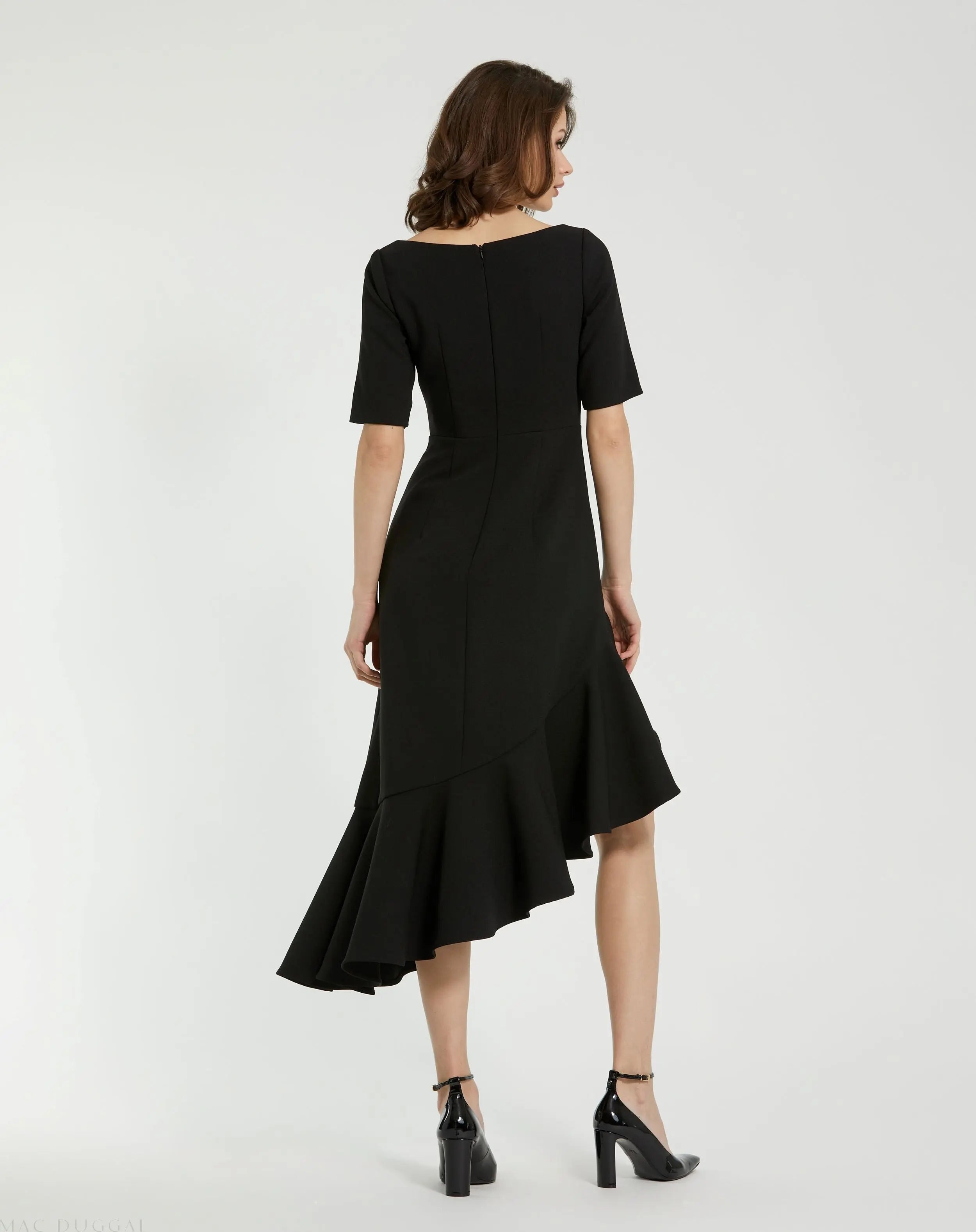 Black Crepe 3/4 Sleeve Asymmetrical Hem Dress