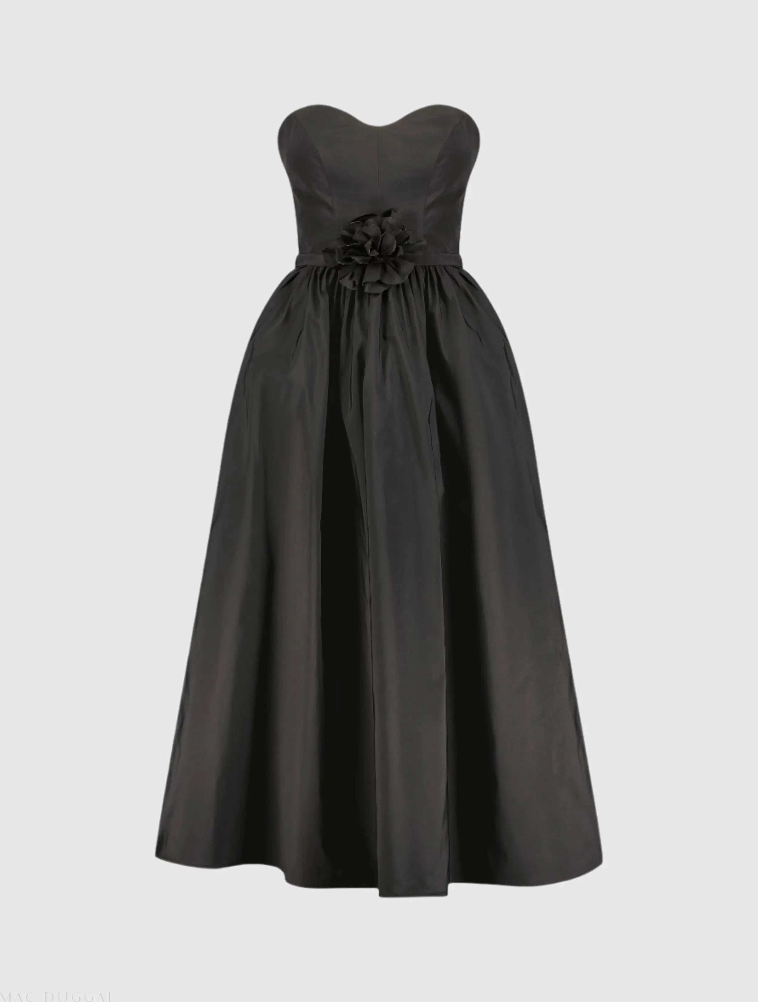 Black Faille Strapless A Line Midi Dress With 3D Rose