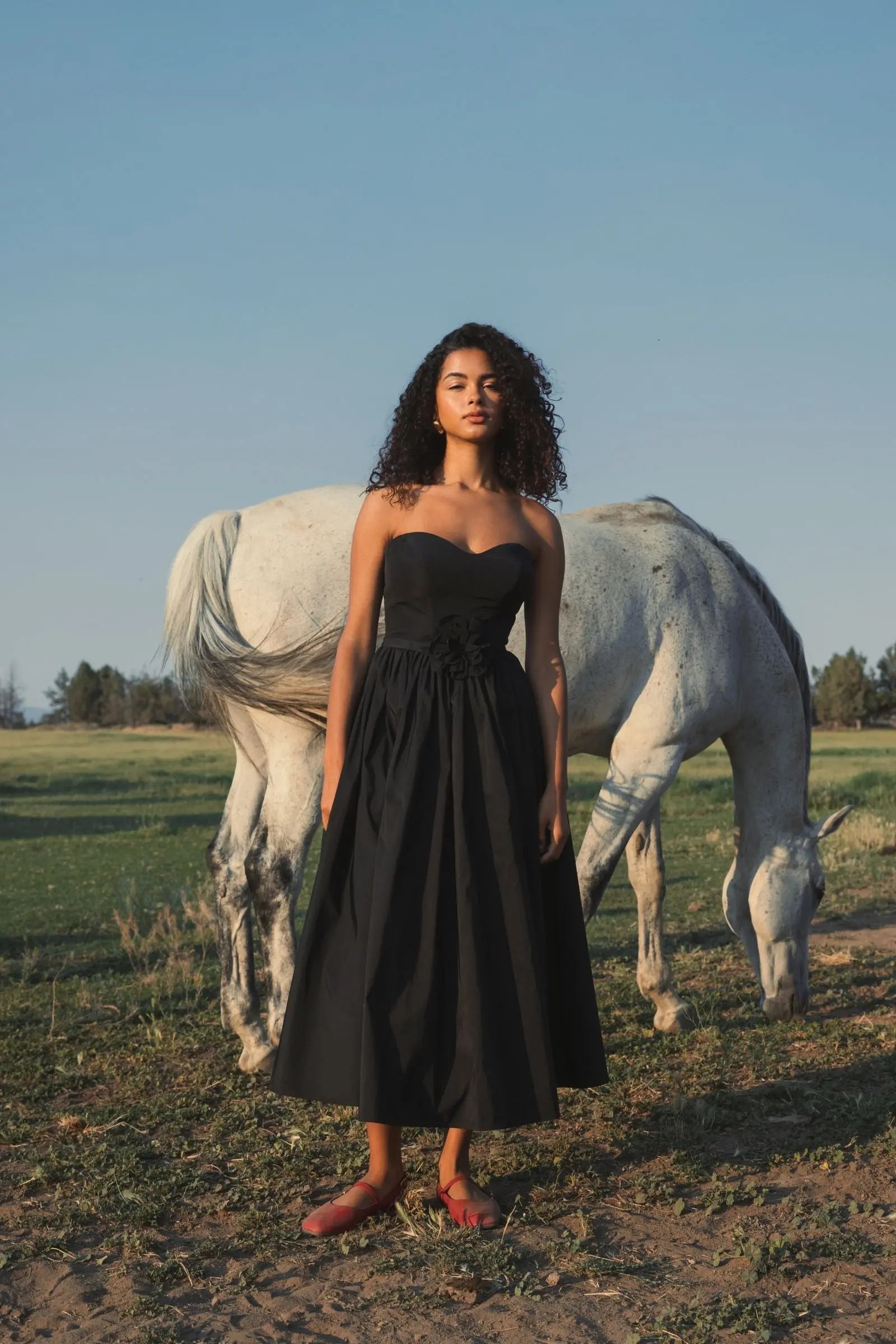 Black Faille Strapless A Line Midi Dress With 3D Rose