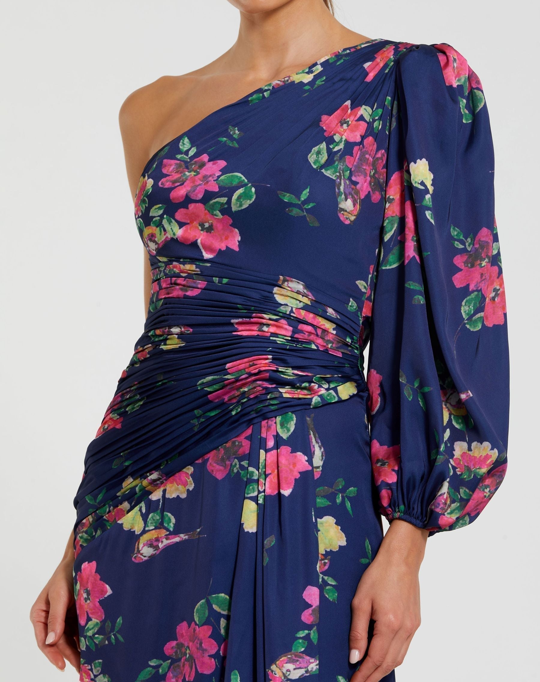 Navy One Sleeve Floral Print Charmeuse Gown With Slit