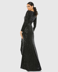 Black Faux Wrap Long Sleeve Sequin Gown - FINAL SALE