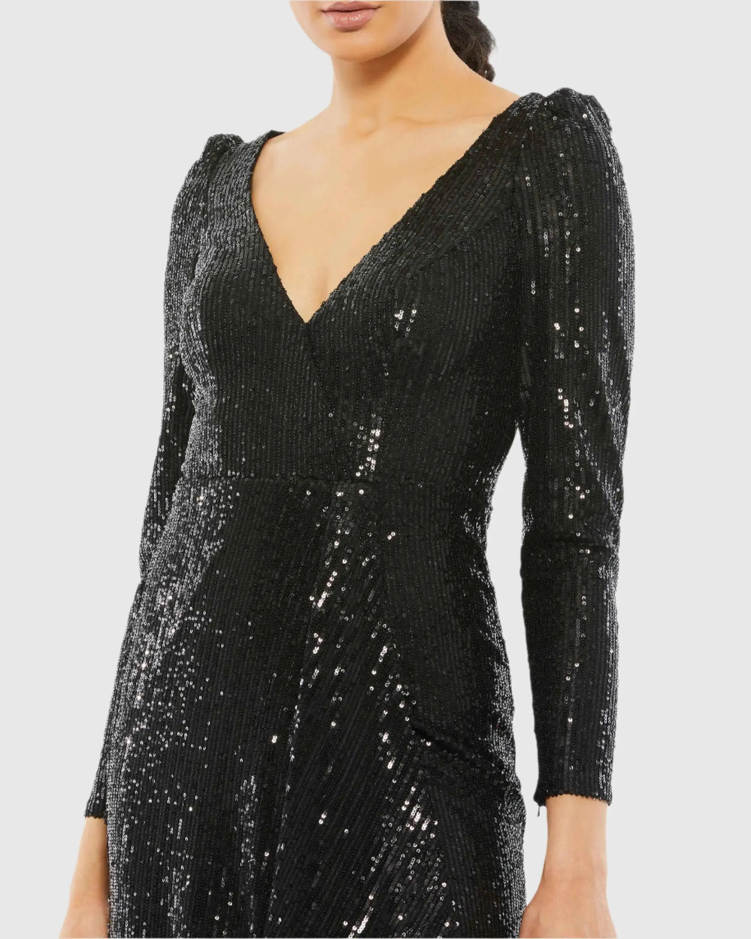 Black Faux Wrap Long Sleeve Sequin Gown - FINAL SALE