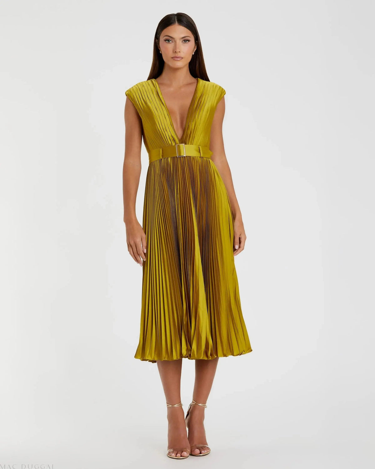 Green Pleated Cap Sleeve Belted A Line Dress
