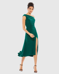 Dark Green Ruched Off-The-Shoulder Midi Dress