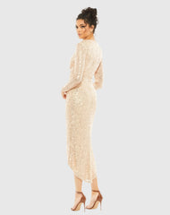 Gold Sequined High Low Front Twist Midi Dress