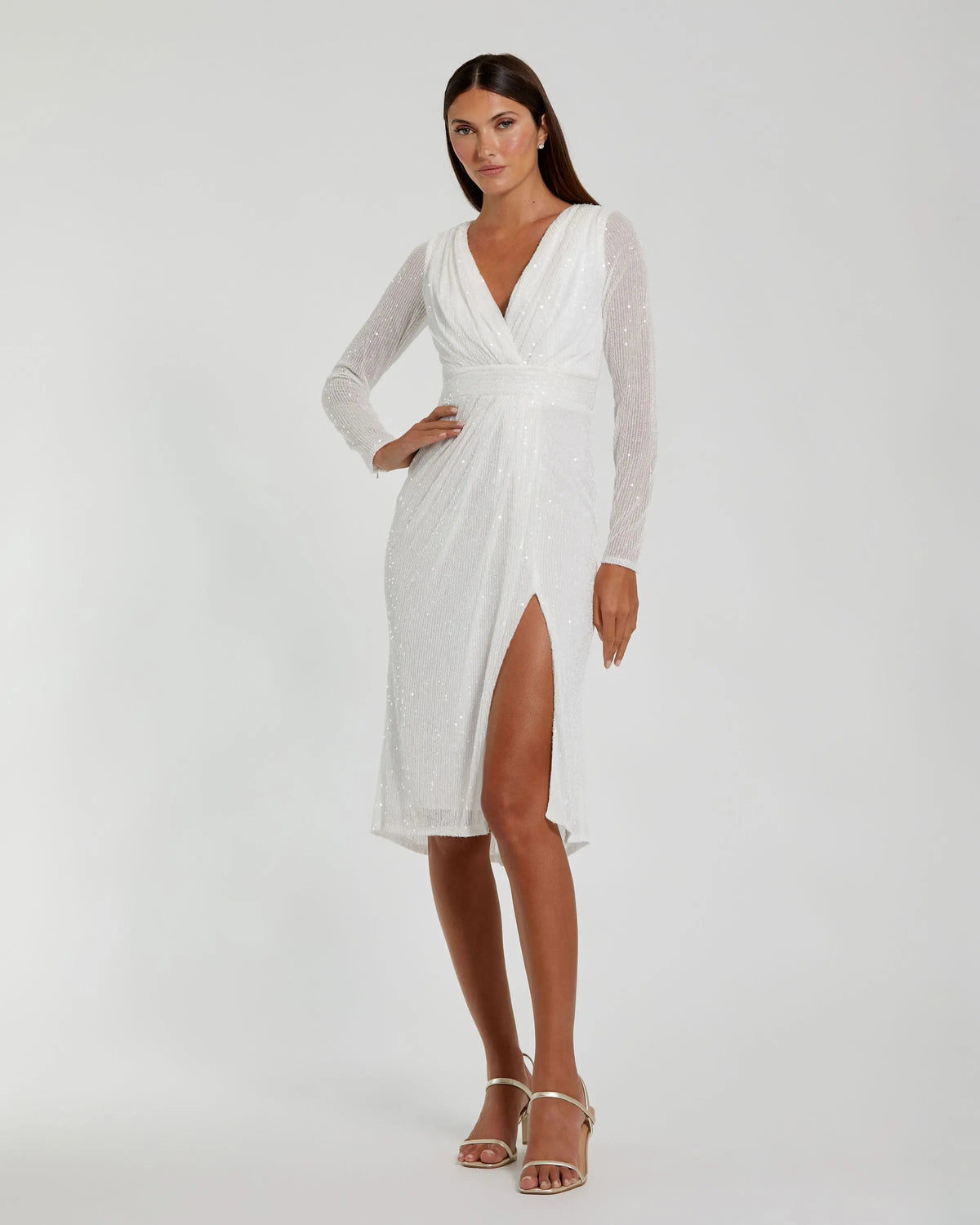 White Long Sleeve Sequined Midi Dress