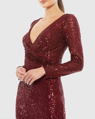 Red Sequined Faux Wrap Long Sleeve Column Gown