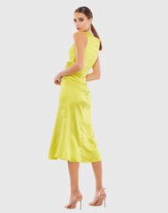 Green Satin Ruched V-Neck Faux Wrap Midi Dress