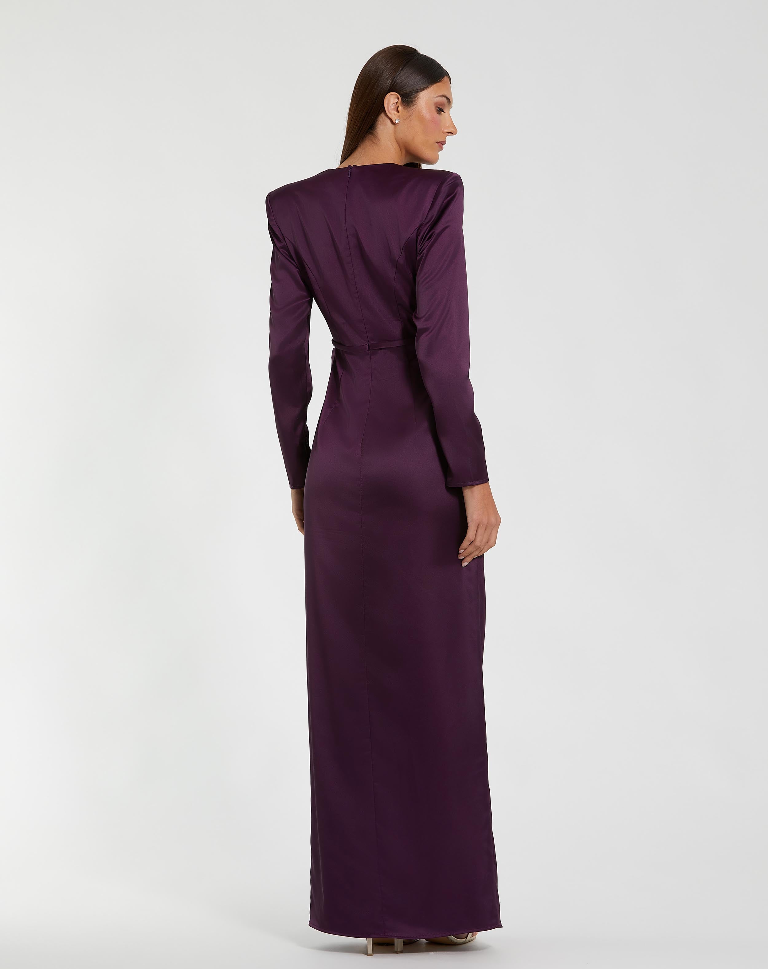 Purple Long Sleeve Structured Bow Draped Column Gown
