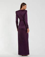 Purple Long Sleeve Structured Bow Draped Column Gown