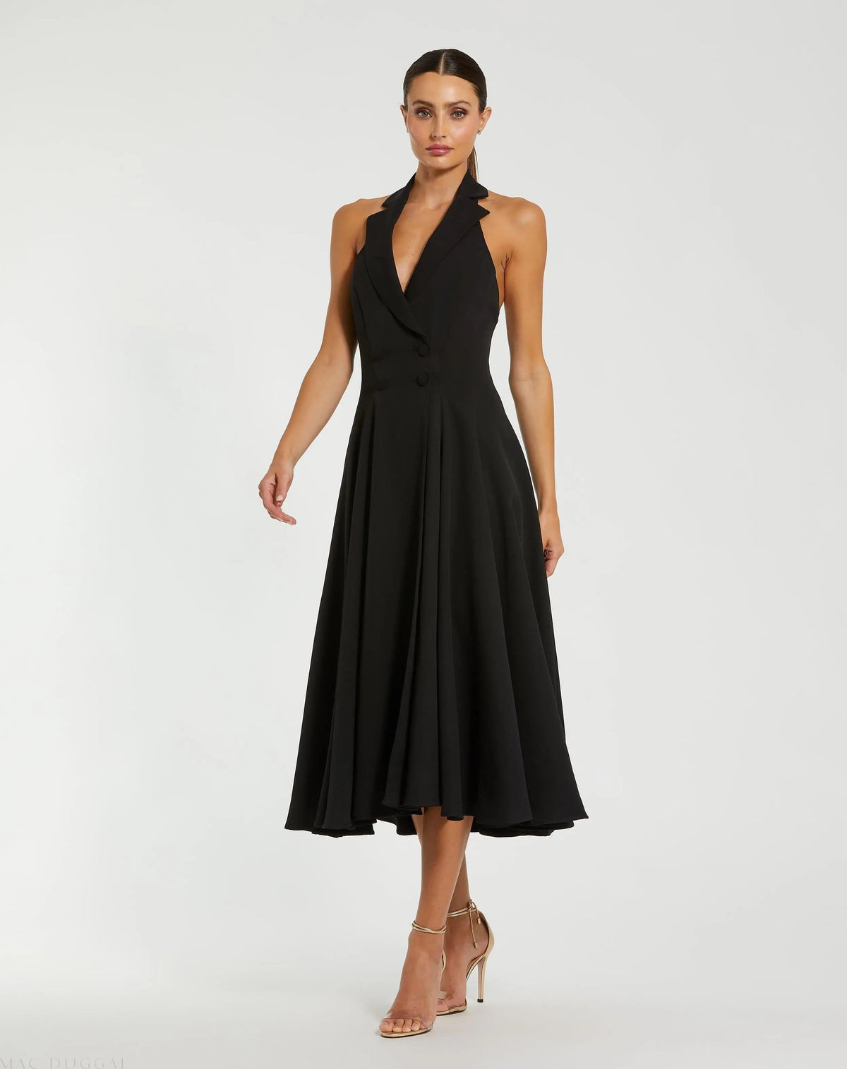 Black Crepe Sleeveless Blazer Halter Midi Dress