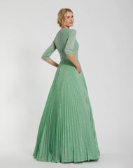 Green Pleated Shimmering 3/4 Sleeve Gown