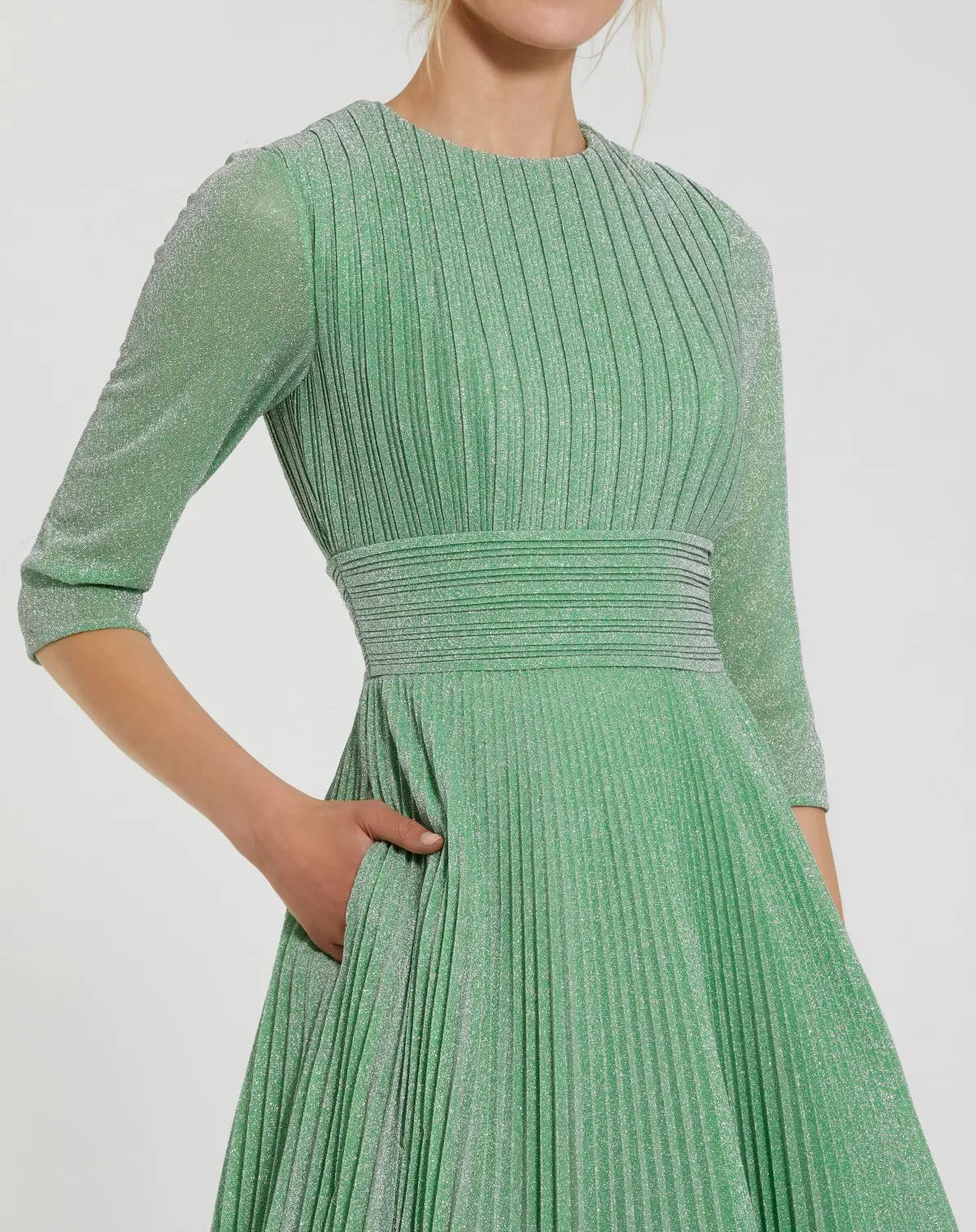 Green Pleated Shimmering 3/4 Sleeve Gown