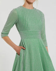 Green Pleated Shimmering 3/4 Sleeve Gown