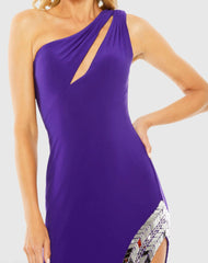 Purple One Shoulder Cut Out Mirror Sequin High Slit Gown