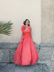 Coral Ruffle Shoulder V-Neck Chiffon Gown