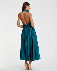 Teal Pleated Charmeuse High Neck Sleeveless Midi Dress