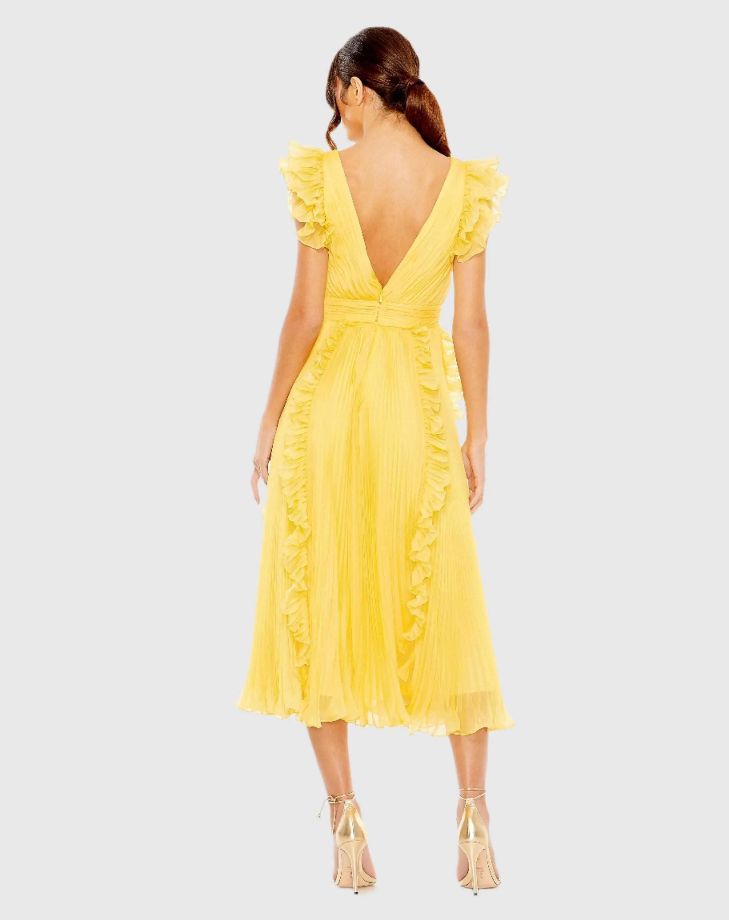 Yellow Pleated Chiffon V Neck Ruffle Midi Dress