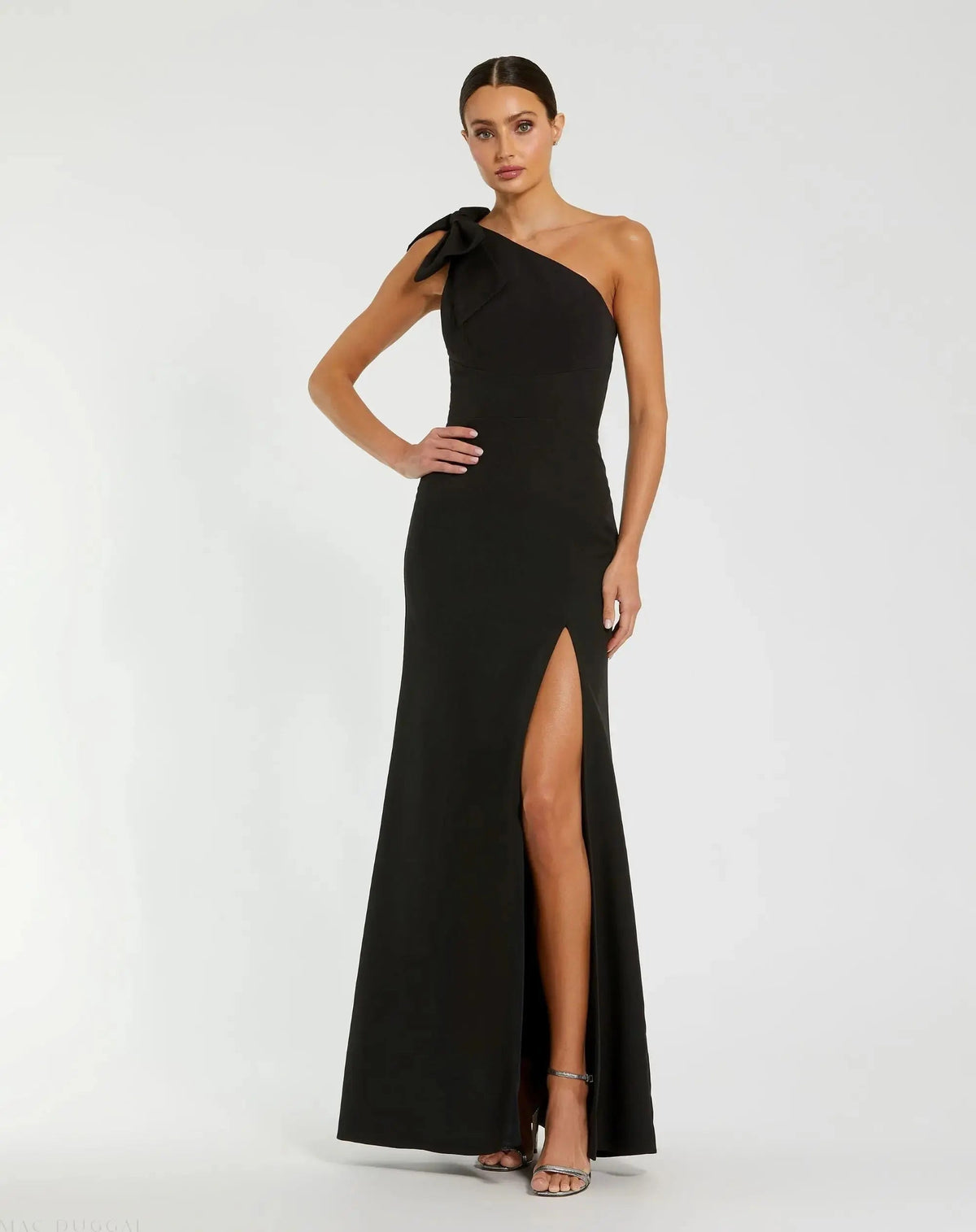Crepe One Shoulder Fitted Evening Gown With Bow