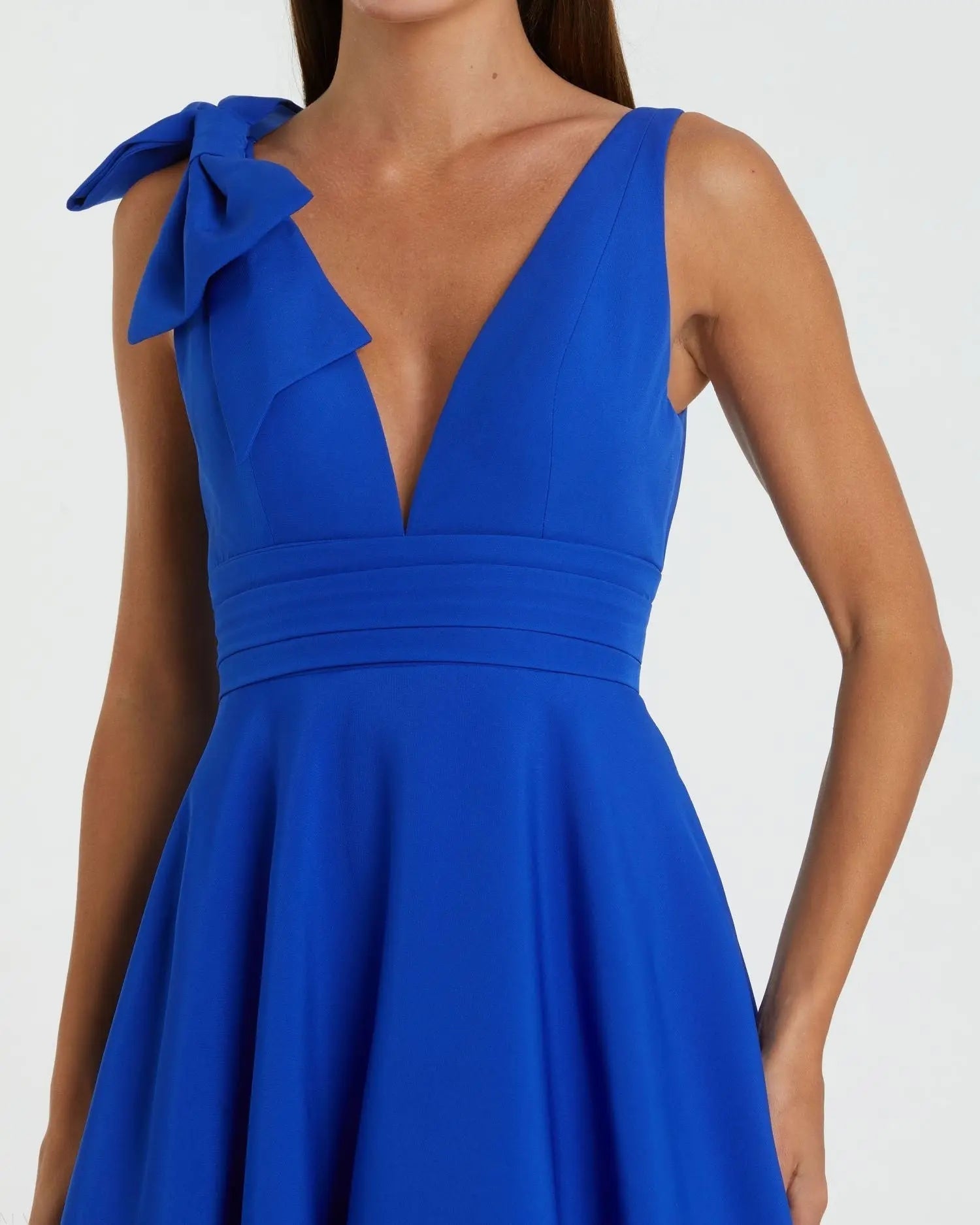 Blue Sleeveless Plunge Neck Crepe Ballgown With Bow Detail