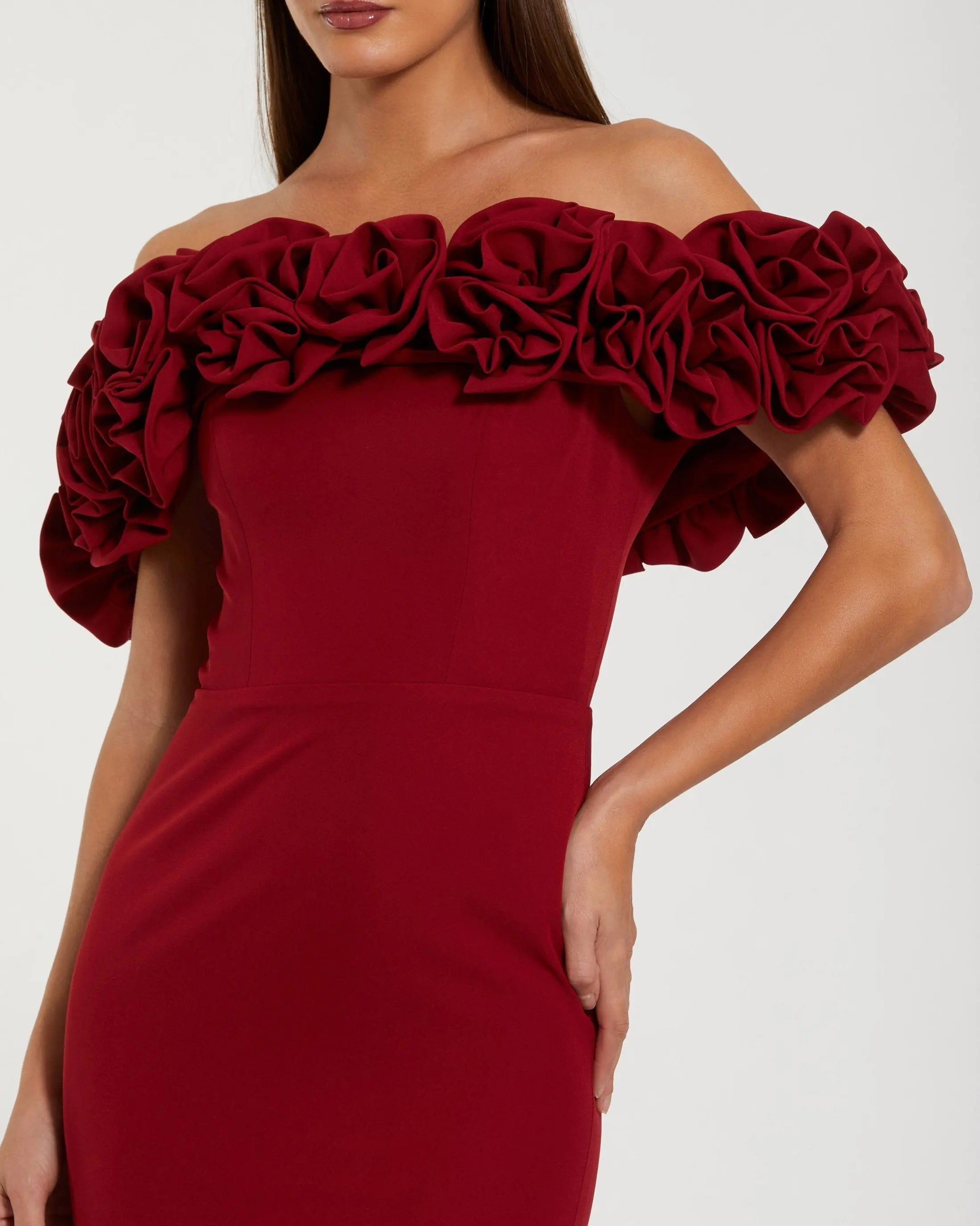 Red Crepe Off The Shoulder Column Gown With 3D Roses
