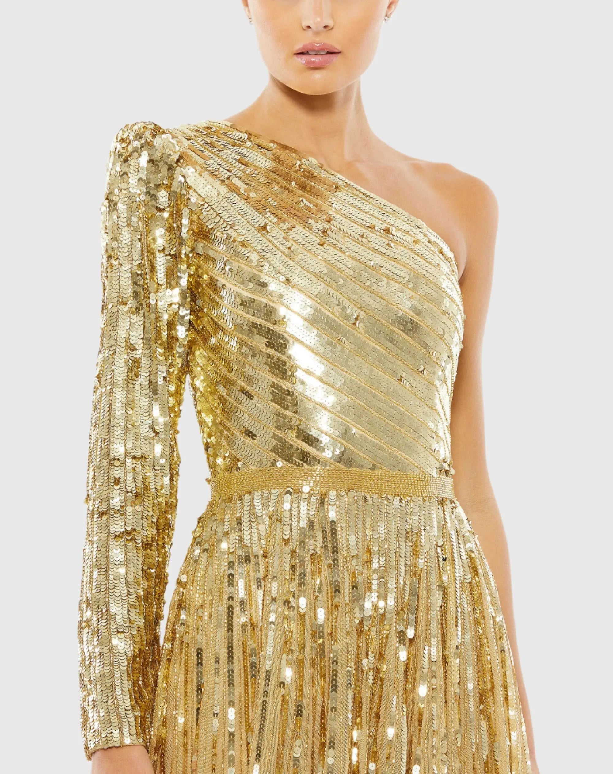 Gold Sequined One Shoulder A Line Gown