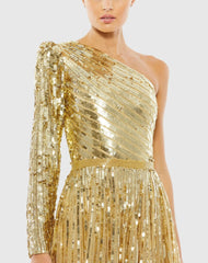 Gold Sequined One Shoulder A Line Gown