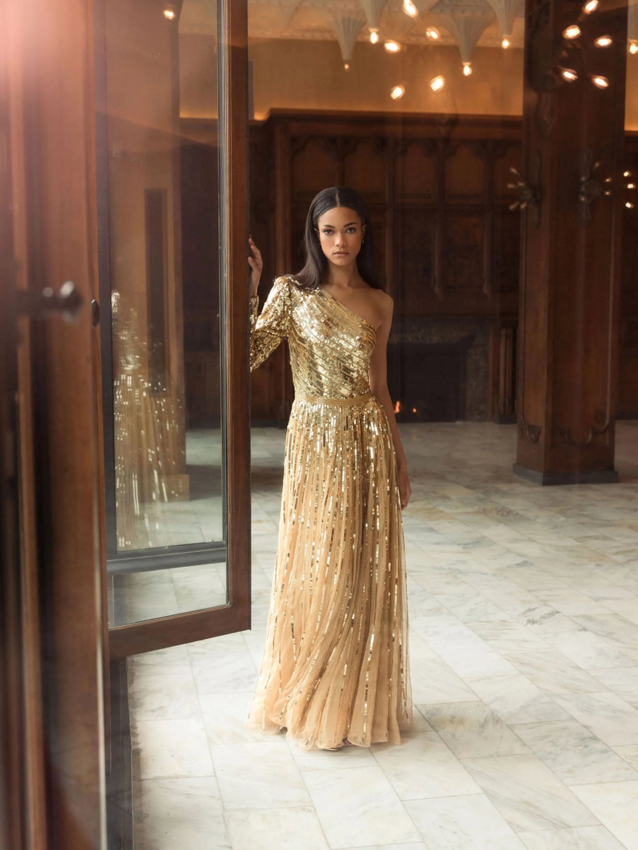 Gold Sequined One Shoulder A Line Gown