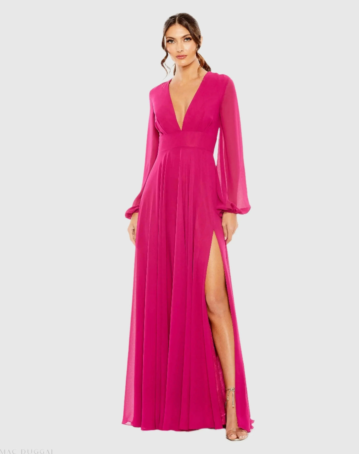 Purple V-Neck Illusion Long Sleeve Chiffon Gown