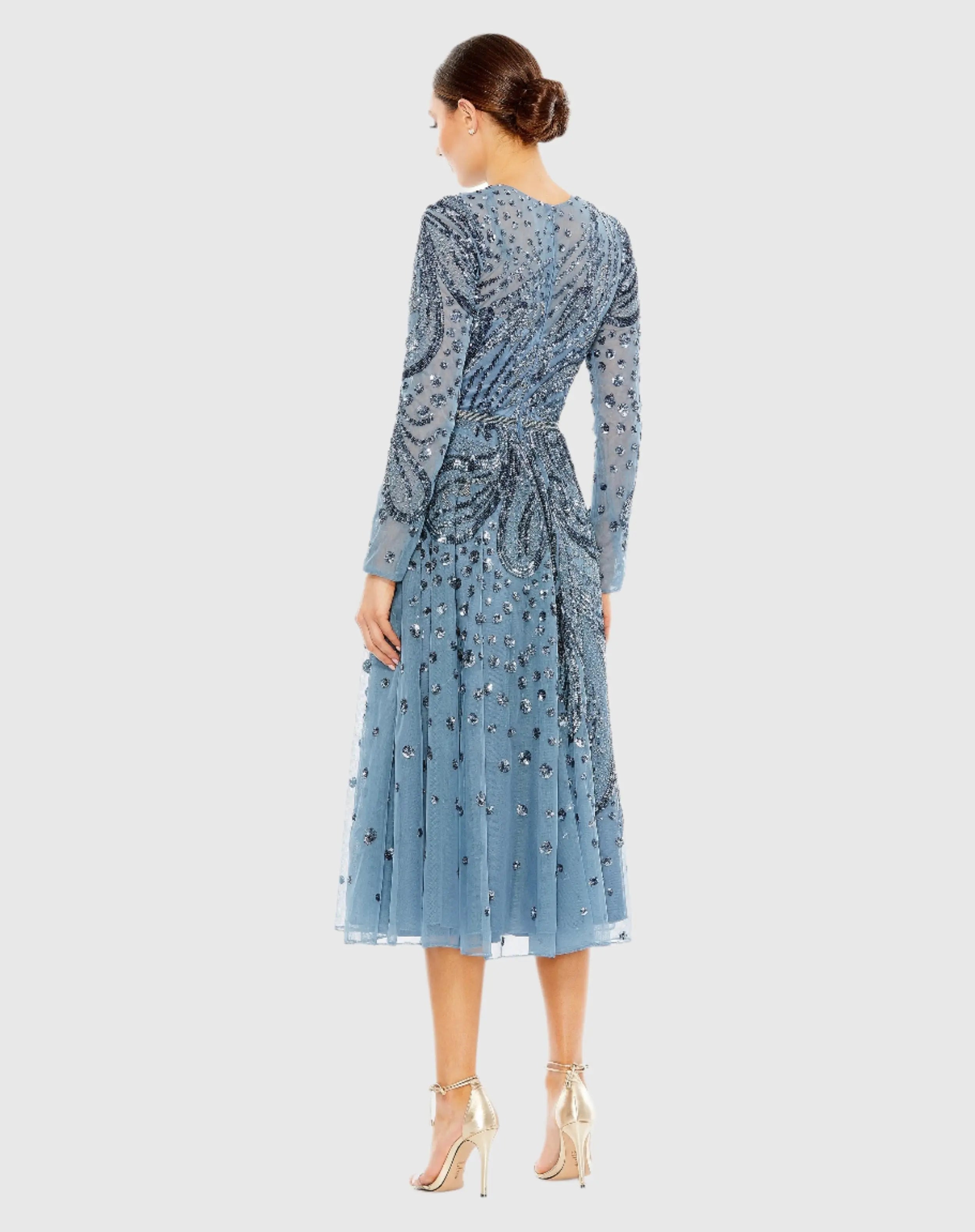 Blue Embellished Illusion High Neck Long Sleeve Dress