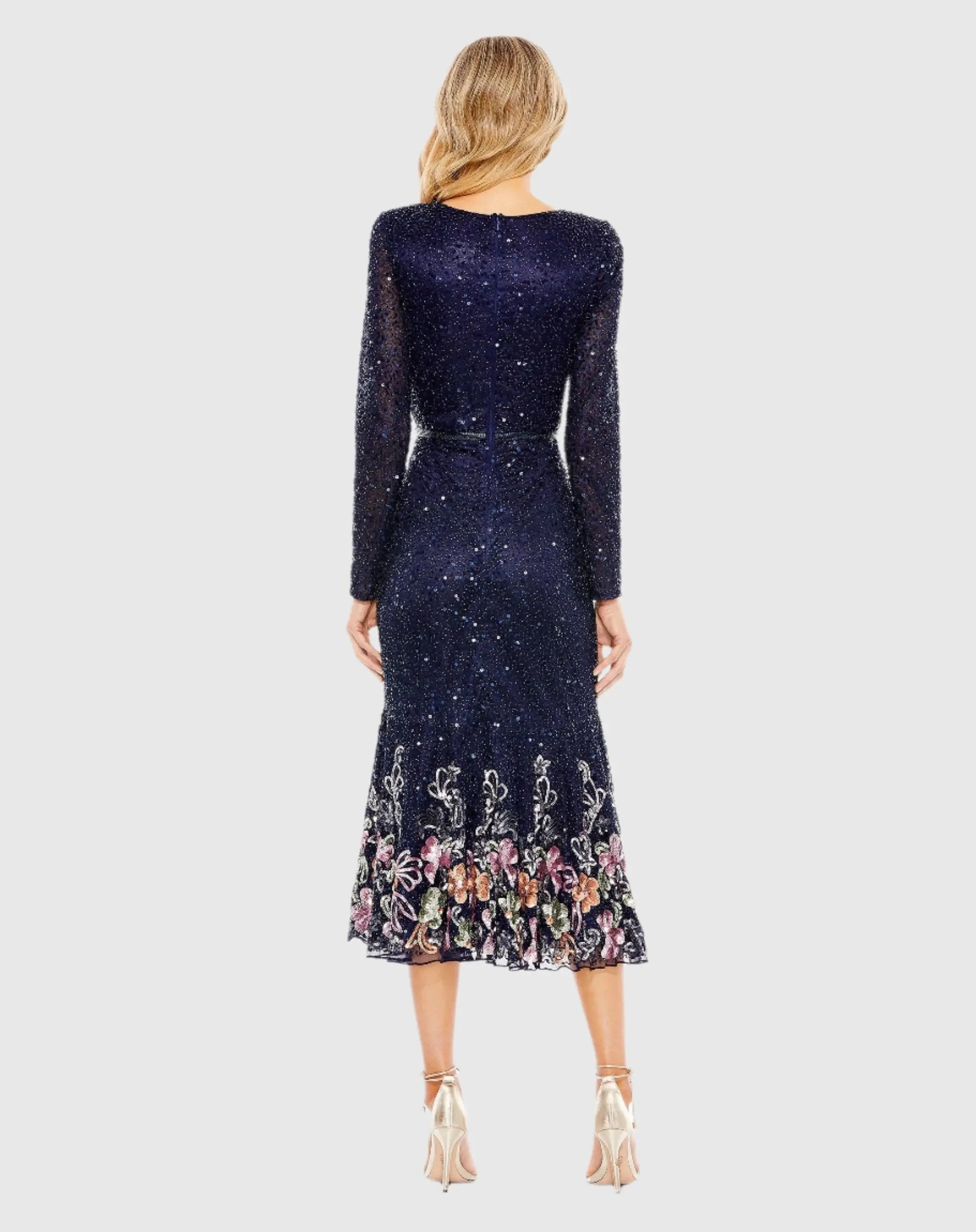 Navy Long Sleeve Faux Wrap Embellished Tea Length Dress