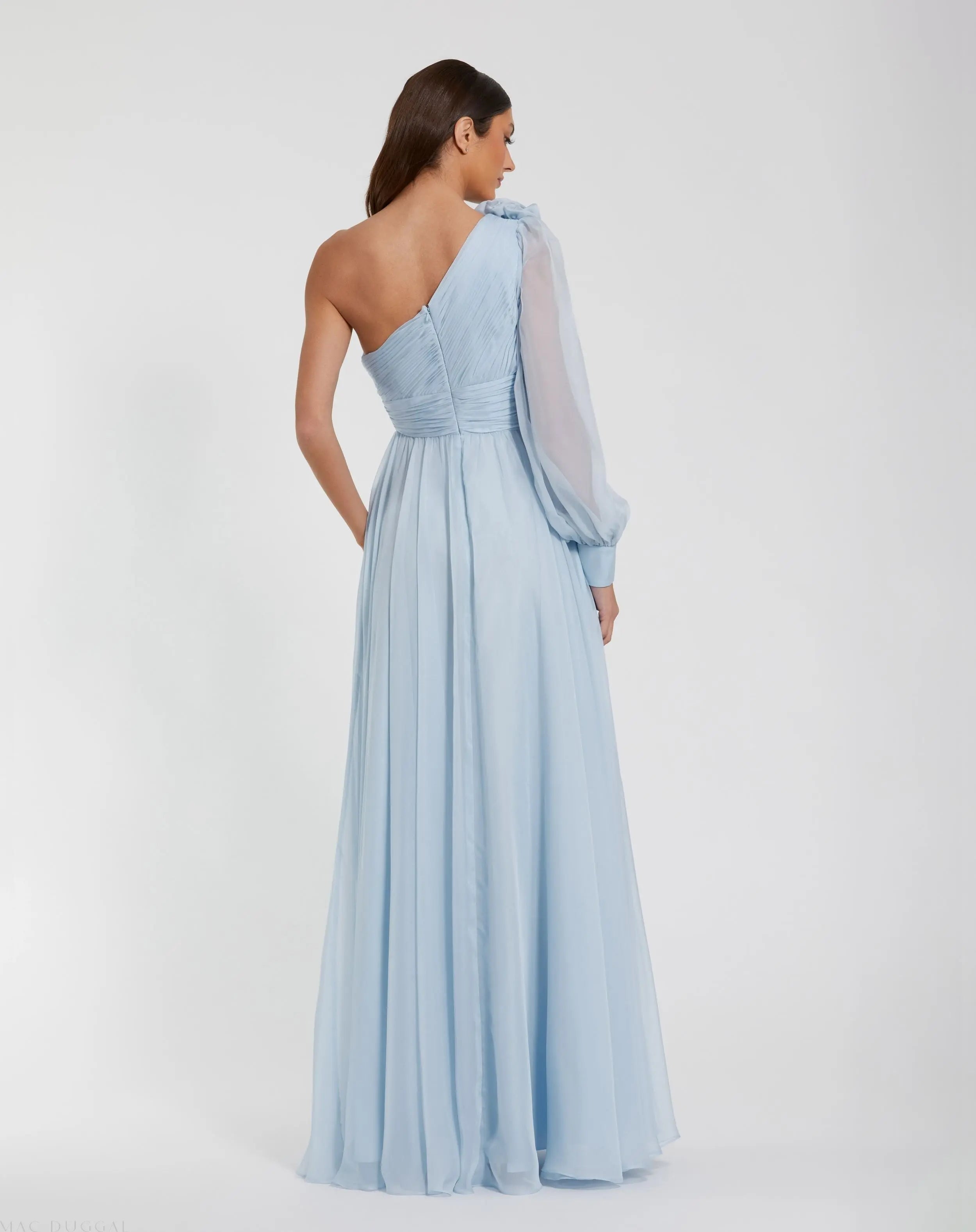 Blue One Sleeve A-Line Chiffon Gown With 3D Flowers
