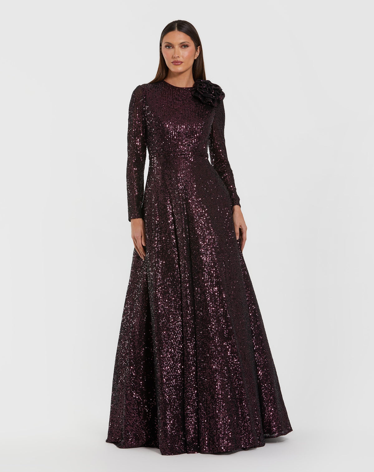 Dark Purple Long Sleeve Sequin Ball Gown With 3D Flower