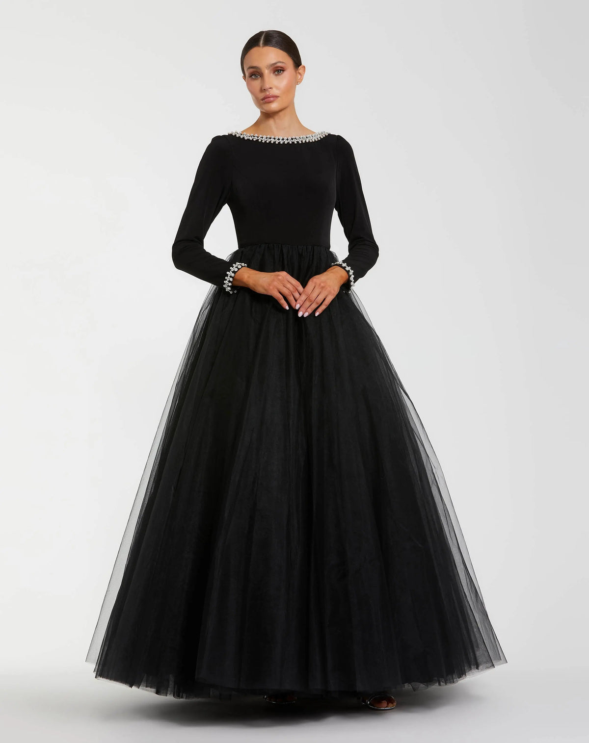 Black Embellished Jersey Long Sleeve Ballgown With Tulle Skirt