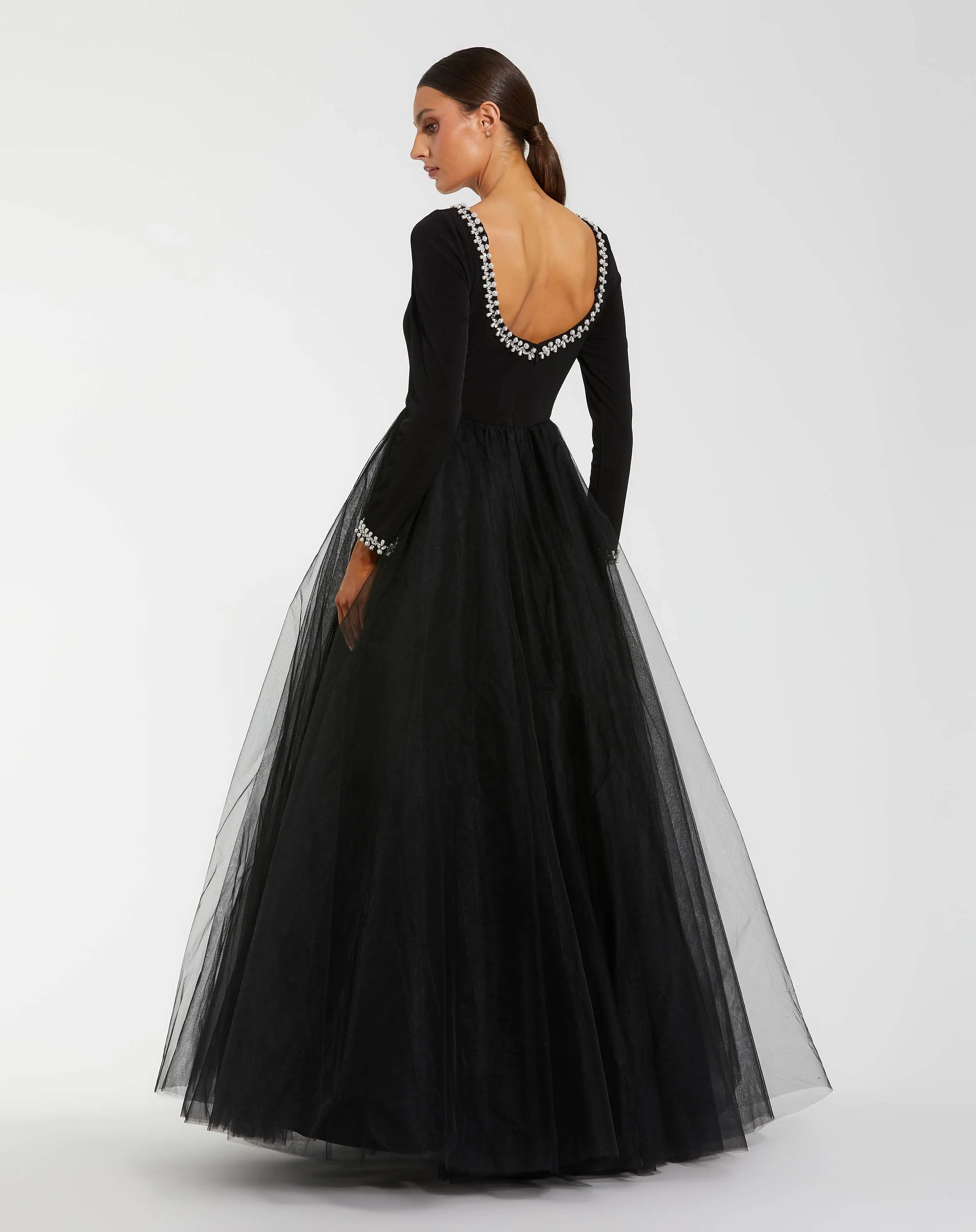 Black Embellished Jersey Long Sleeve Ballgown With Tulle Skirt