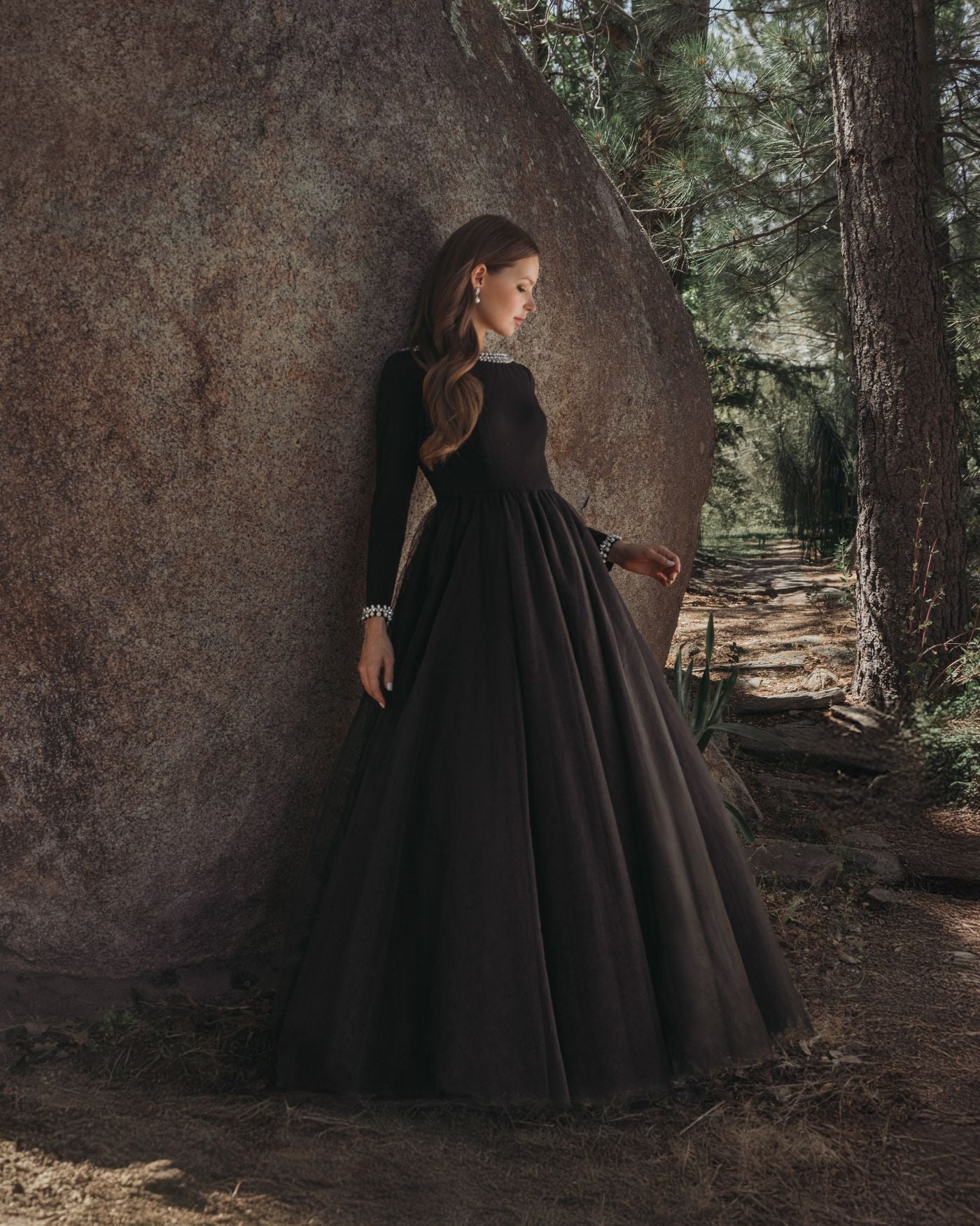 Black Embellished Jersey Long Sleeve Ballgown With Tulle Skirt