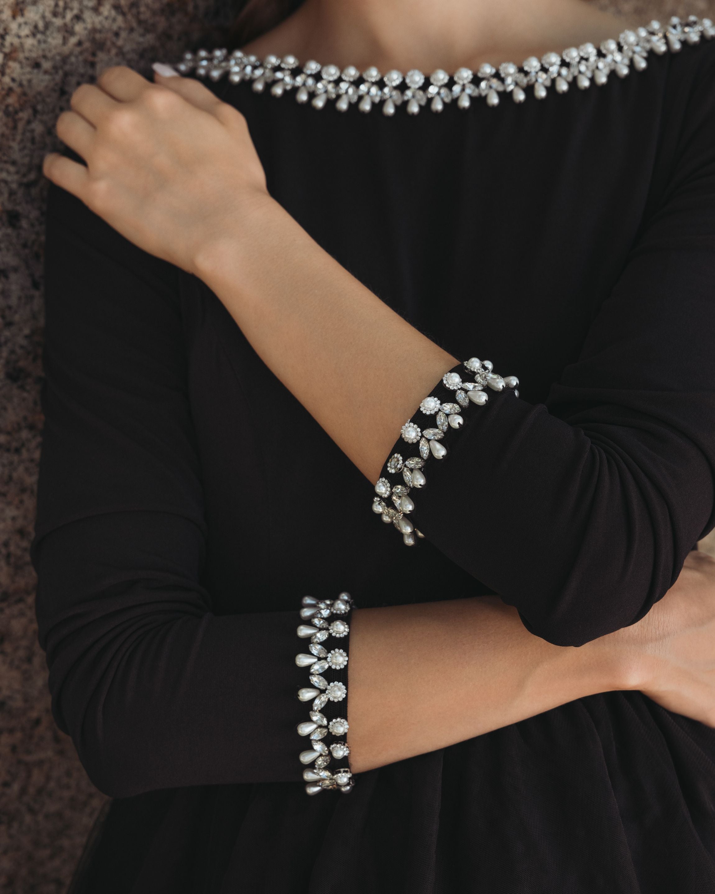 Black Embellished Jersey Long Sleeve Ballgown With Tulle Skirt